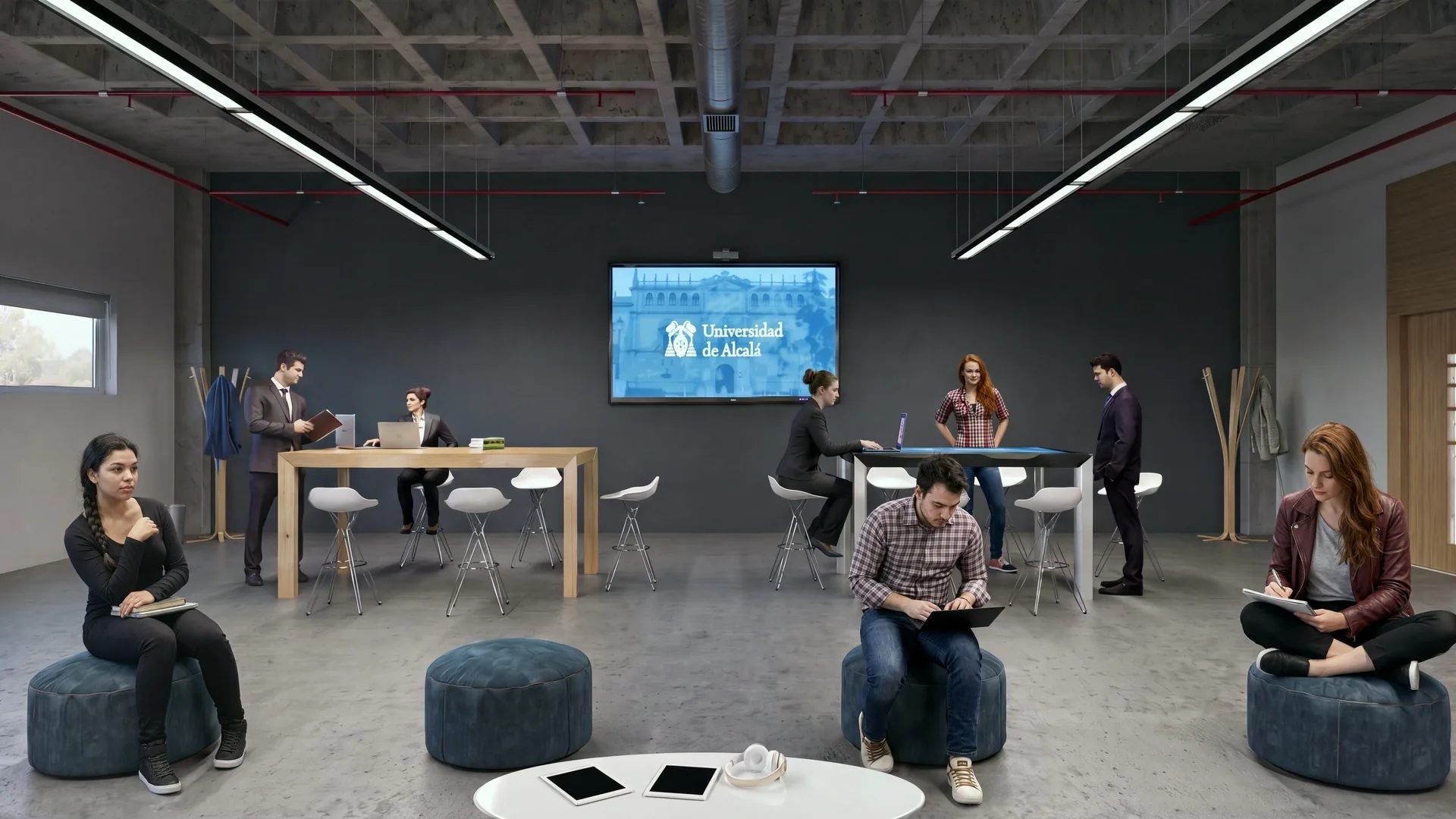 Sala de estudio del CRAI: pufs, mesas altas de madera y una pantalla grande con el escudo de la Universidad de Alcalá